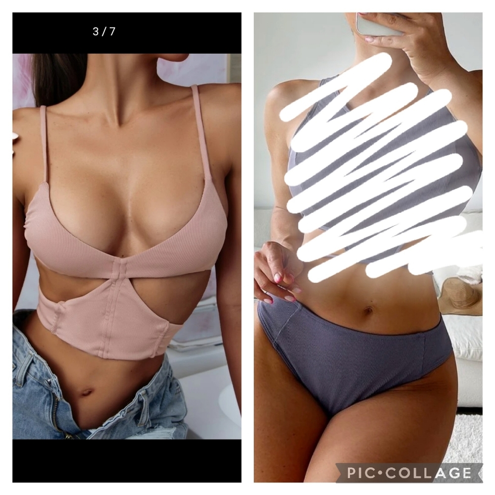 💕 Shein Rib Cut-Out Bikini Detailed Top Bottom Pink Gray Blue Large Swimsuit